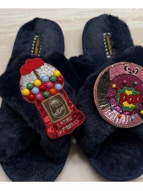 Navy Faux Fur Slippers with Colorful Gumball & Sequin Patches